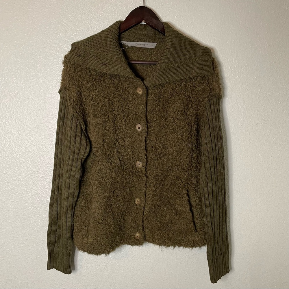 Raquel Allegra Rose Jacket Boucle Ribbed Sleeve Olive Alpaca Wool Blend Handmade